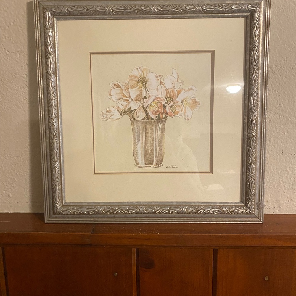 Framed Floral Print matted with Silver Frame